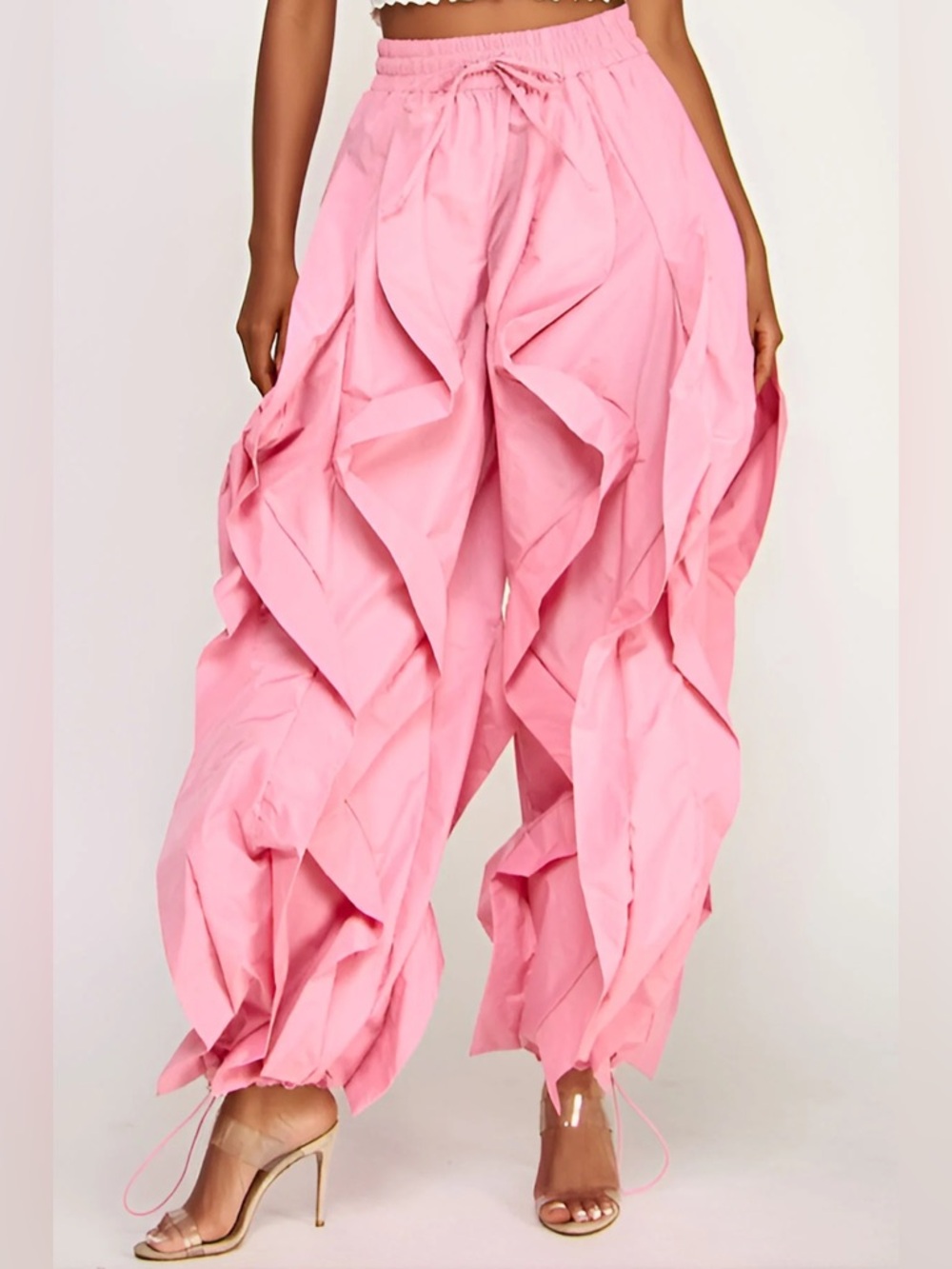 Yellow Ruffle Wide-Leg Wavy Drawstring Pants - Picture 13 of 16